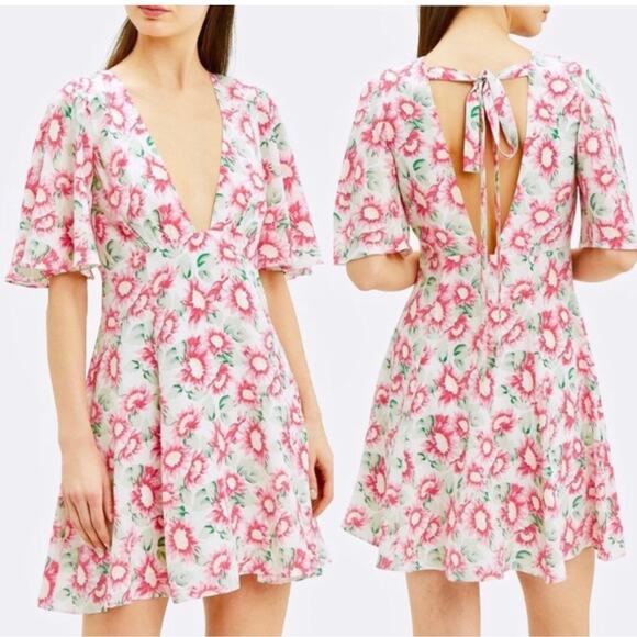 Les Reveries Silk Pink Floral Flutter Sleeve Mini Dress Size 0 - Picture 2 of 6